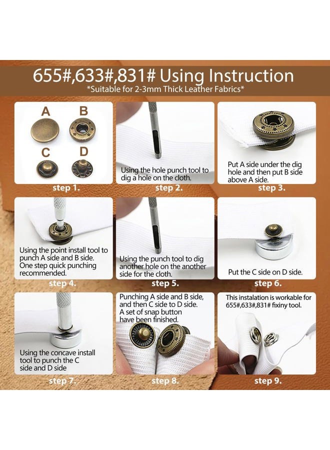 ofone Leather Snap Fasteners Kit, 40 Sets Metal Button Snaps Press Studs with 9 Pieces Fixing Tools, Snap Button Kit for Marine Boat Canvas Clothing Leather, Jackets, Bags, Bronze - Image 5