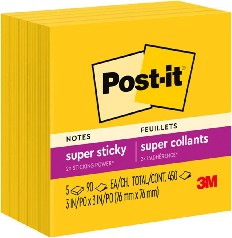 Post It Super Sticky Notes, 3x3 in, 5 Pads, 2x the Sticking Power, Electric Yellow, Recyclable(654-5SSY) - Image 1