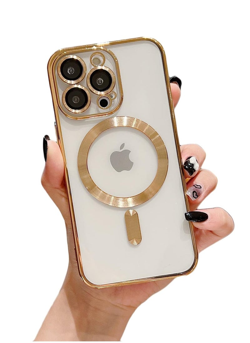 Color Fans - Clear Electroplated Lens Film Plating Magnetic Transparent Soft TPU Phone Case for iPhone 15 Pro Mobile Phone Cover-Gold - Image 1