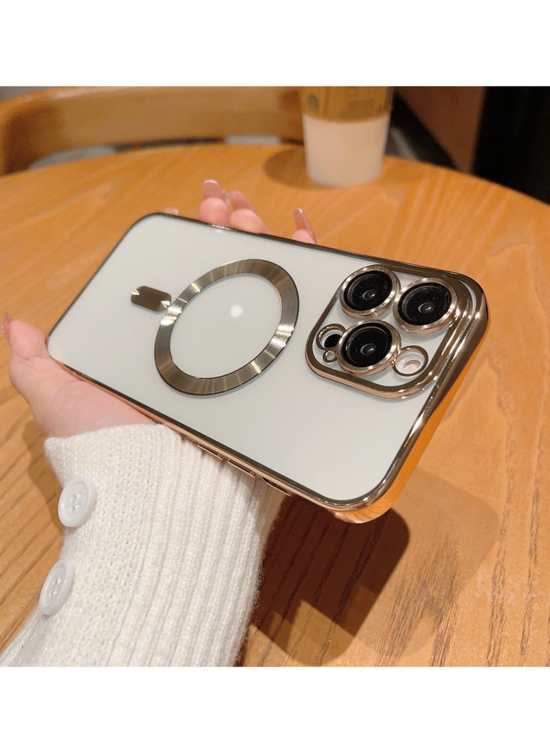 Color Fans - Clear Electroplated Lens Film Plating Magnetic Transparent Soft TPU Phone Case for iPhone 15 Pro Mobile Phone Cover-Gold - Image 1