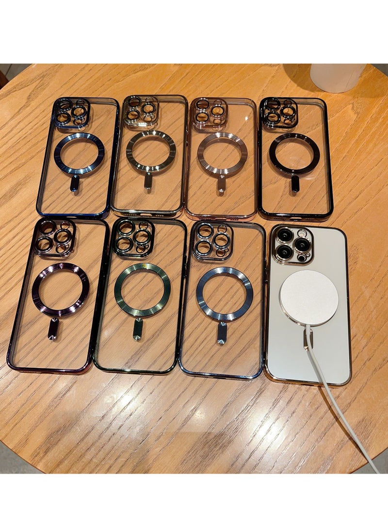 Color Fans - Clear Electroplated Lens Film Plating Magnetic Transparent Soft TPU Phone Case for iPhone 15 Pro Mobile Phone Cover-Gold - Image 1