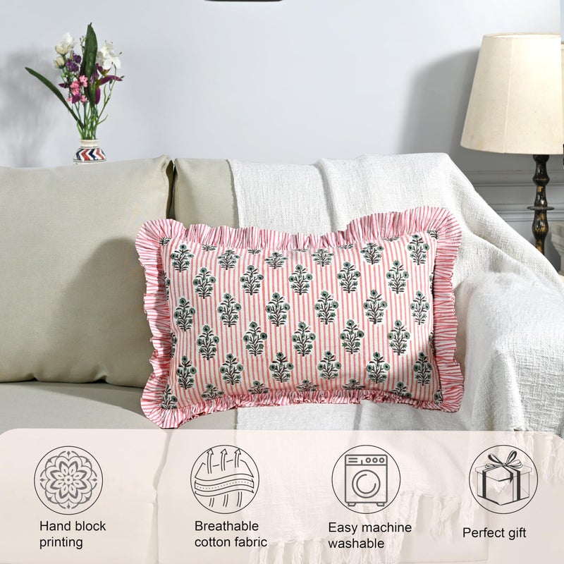 Ridhi Block Print Salmon Blossom 20"x12" Set 1-100% Cotton Ruffle Lumbar Sham Cover Boho Floral Pillowcase, Farmhouse Cottagecore Bedding, Soft Decorative Cover Gift for Spring, Easter, Valentine - Image 5