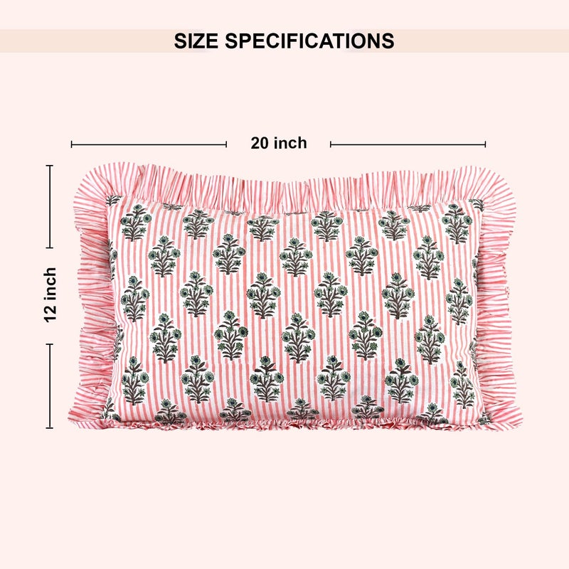 Ridhi Block Print Salmon Blossom 20"x12" Set 1-100% Cotton Ruffle Lumbar Sham Cover Boho Floral Pillowcase, Farmhouse Cottagecore Bedding, Soft Decorative Cover Gift for Spring, Easter, Valentine - Image 4