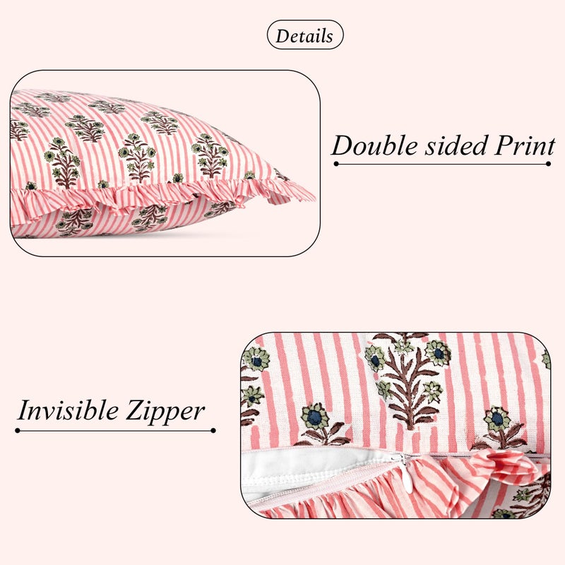 Ridhi Block Print Salmon Blossom 20"x12" Set 1-100% Cotton Ruffle Lumbar Sham Cover Boho Floral Pillowcase, Farmhouse Cottagecore Bedding, Soft Decorative Cover Gift for Spring, Easter, Valentine - Image 2