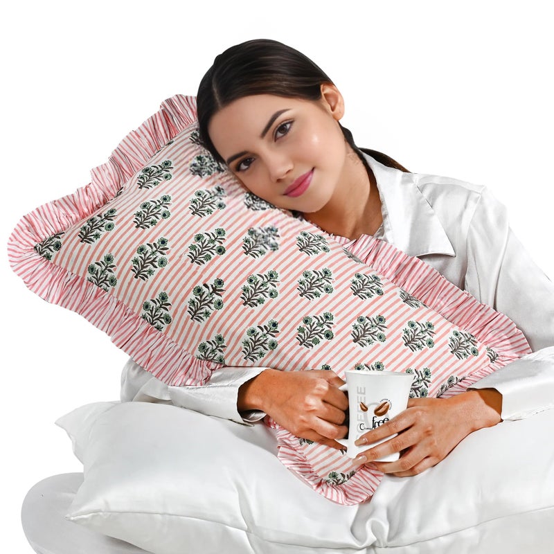 Ridhi Block Print Salmon Blossom 20"x12" Set 1-100% Cotton Ruffle Lumbar Sham Cover Boho Floral Pillowcase, Farmhouse Cottagecore Bedding, Soft Decorative Cover Gift for Spring, Easter, Valentine - Image 1