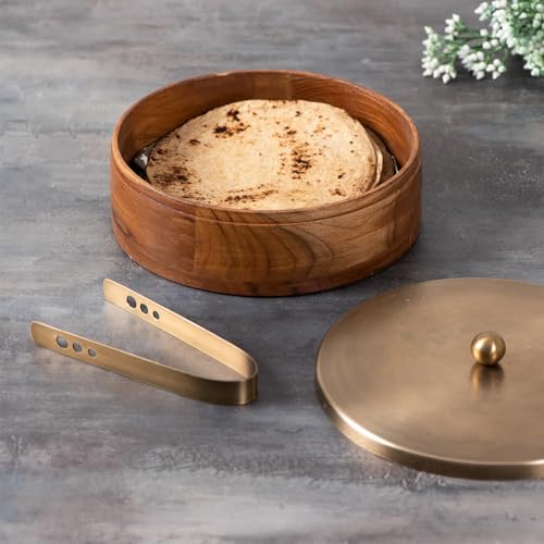 Nestroots Wooden Casserole for Roti | 9-Inch Hot Pot for Kitchen | Chapati Box with Stainless Steel Tong | Golden Finish Hot Case Roti Box for Fresh & Warm Roti | Durable & Stylish For Kitchen Storage - Image 1