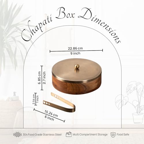 Nestroots Wooden Casserole for Roti | 9-Inch Hot Pot for Kitchen | Chapati Box with Stainless Steel Tong | Golden Finish Hot Case Roti Box for Fresh & Warm Roti | Durable & Stylish For Kitchen Storage - Image 2
