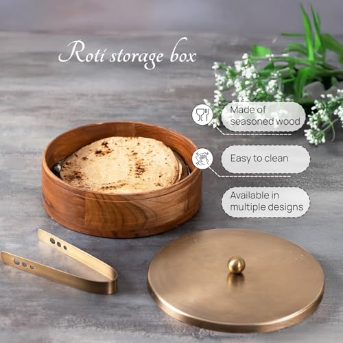 Nestroots Wooden Casserole for Roti | 9-Inch Hot Pot for Kitchen | Chapati Box with Stainless Steel Tong | Golden Finish Hot Case Roti Box for Fresh & Warm Roti | Durable & Stylish For Kitchen Storage - Image 4