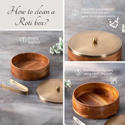 Nestroots Wooden Casserole for Roti | 9-Inch Hot Pot for Kitchen | Chapati Box with Stainless Steel Tong | Golden Finish Hot Case Roti Box for Fresh & Warm Roti | Durable & Stylish For Kitchen Storage - Image 3