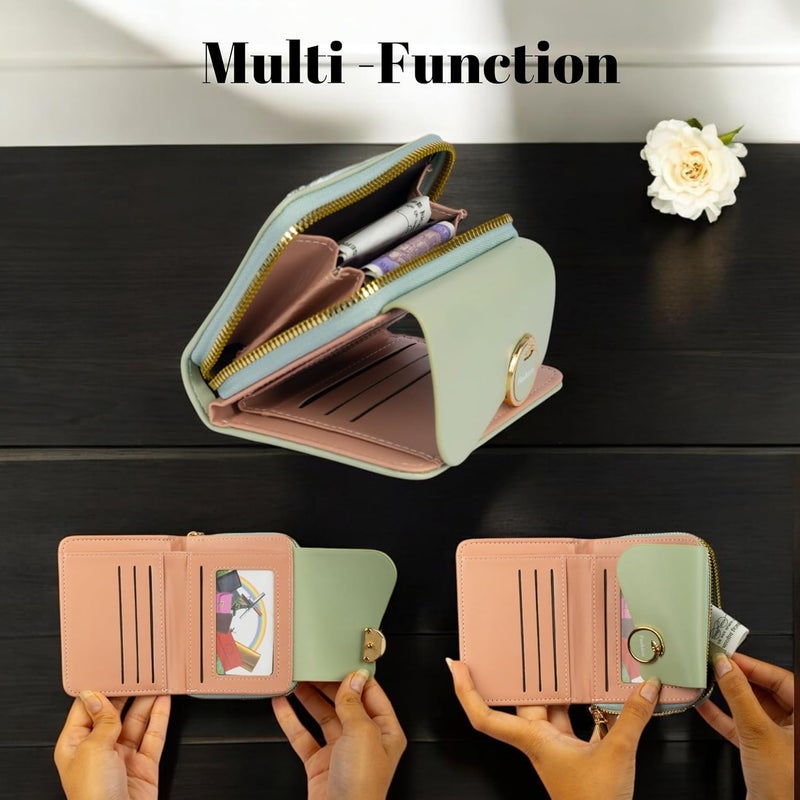 PRANIJ Small Leather Bifold Wallet for Women Fashion Compact Slim Credit Card Holder with Zipper Coin Pocket, Mini Clutch Purse for Girls (Pale Green) - Image 4
