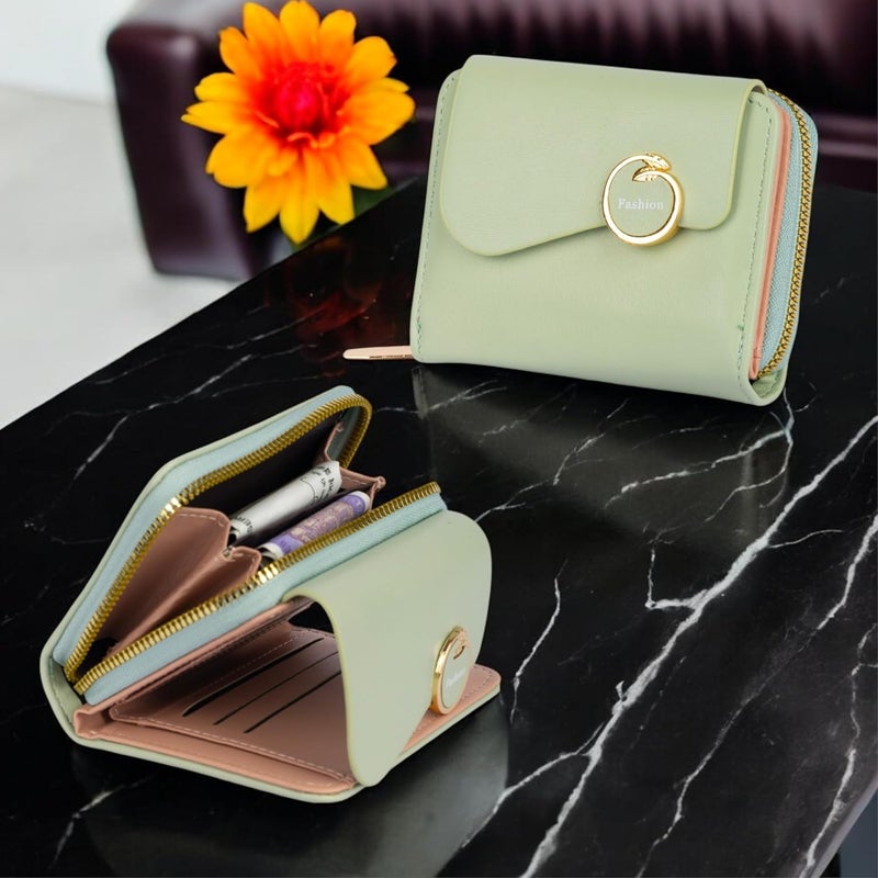 PRANIJ Small Leather Bifold Wallet for Women Fashion Compact Slim Credit Card Holder with Zipper Coin Pocket, Mini Clutch Purse for Girls (Pale Green) - Image 2