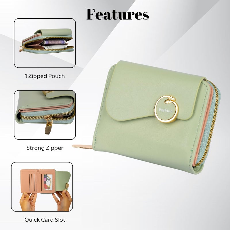 PRANIJ Small Leather Bifold Wallet for Women Fashion Compact Slim Credit Card Holder with Zipper Coin Pocket, Mini Clutch Purse for Girls (Pale Green) - Image 3
