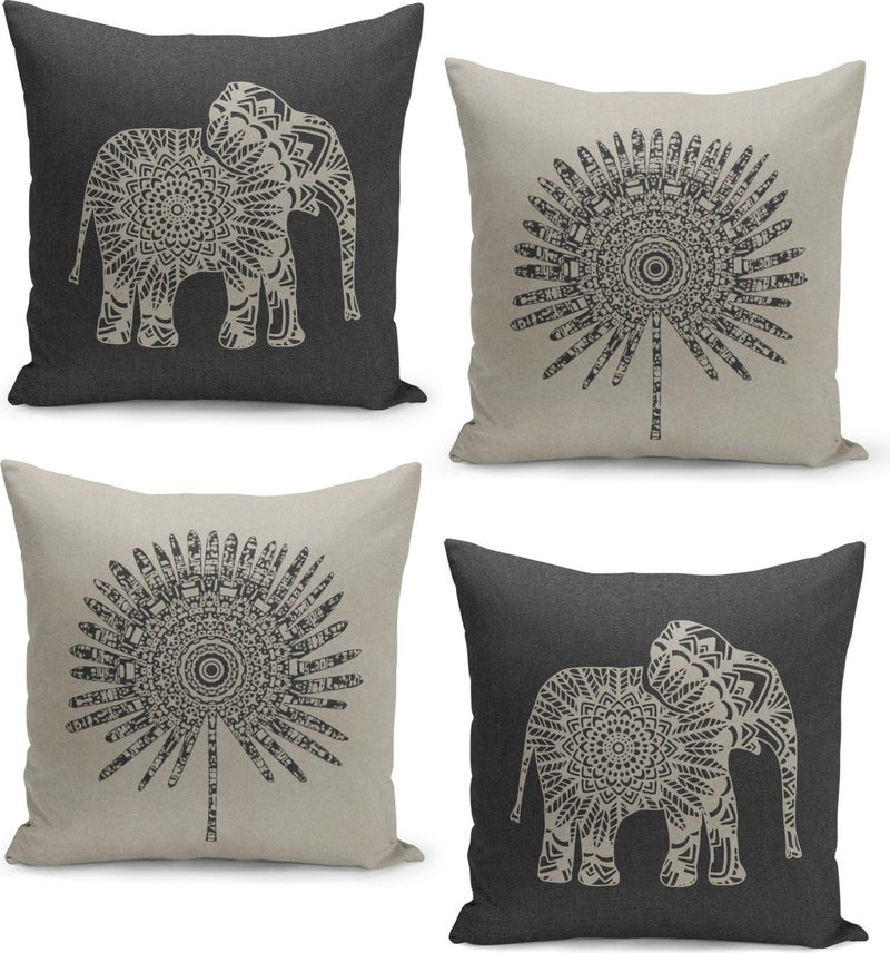 Filamente 4-Piece Cushion Cover Set Linen Tweed Ground Appearance Ethnic Bohemian and Elephant Patterned 