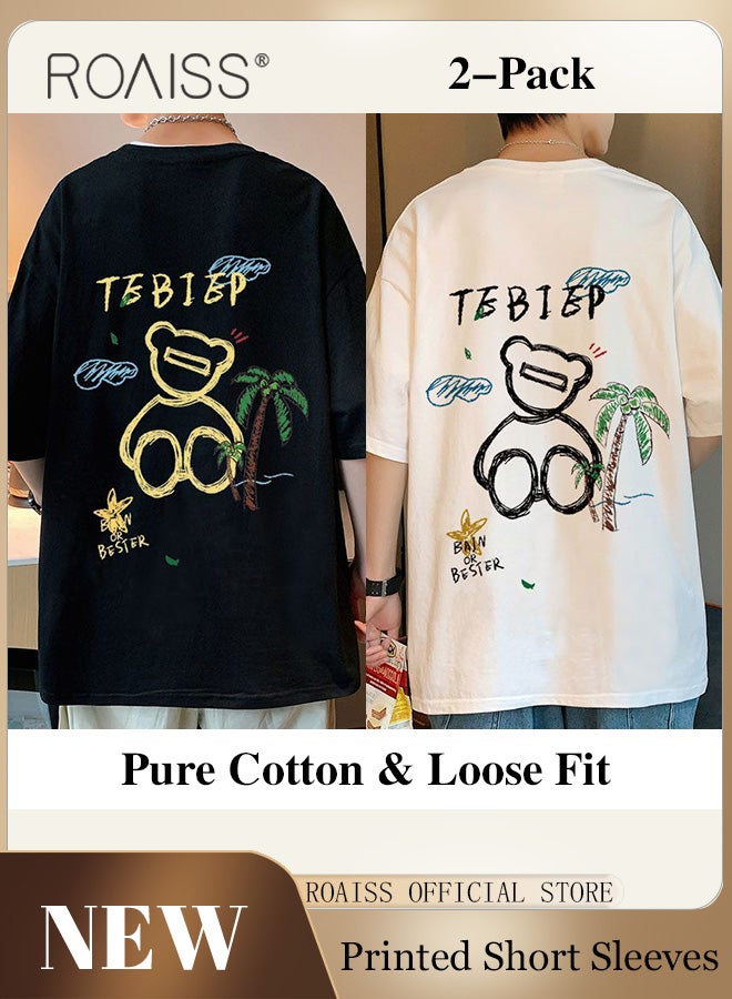 roaiss New Casuals Cartoon Bear T Shirts Simple Daliy Clothes Korean Fashion Oversized Short Sleeve Tops Couple Tees Summer  - Image 1