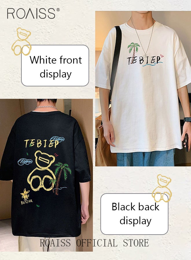 roaiss New Casuals Cartoon Bear T Shirts Simple Daliy Clothes Korean Fashion Oversized Short Sleeve Tops Couple Tees Summer  - Image 3