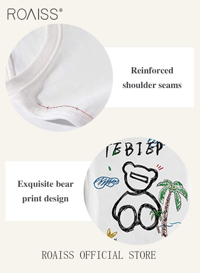 roaiss New Casuals Cartoon Bear T Shirts Simple Daliy Clothes Korean Fashion Oversized Short Sleeve Tops Couple Tees Summer  - Image 5