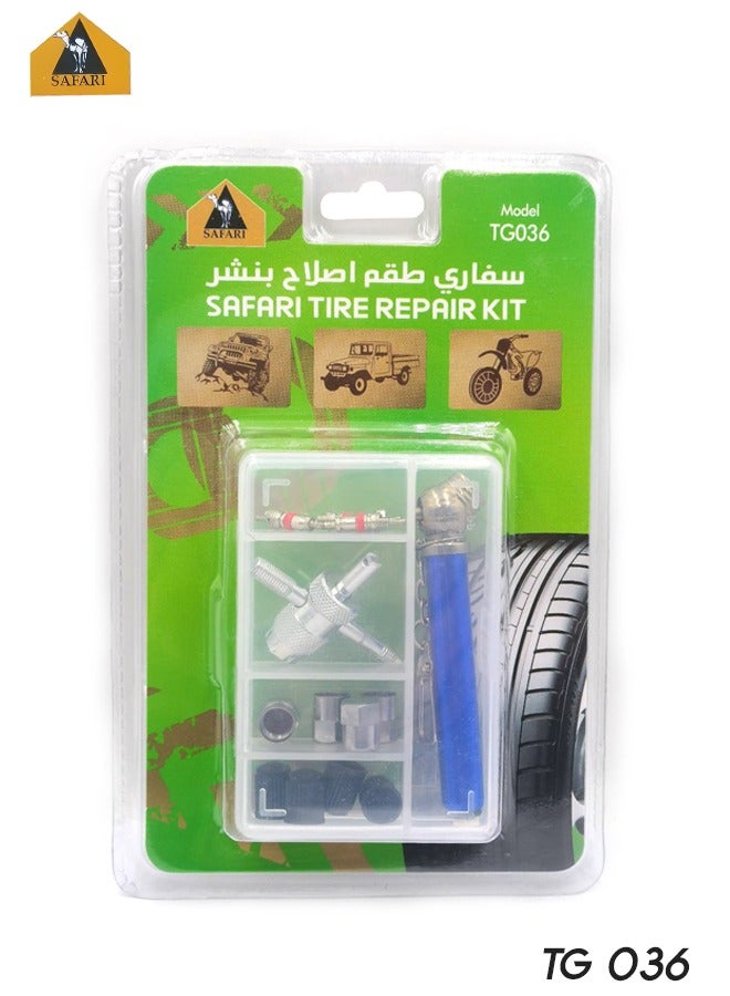 Safari Tire Repair Kit – Complete Valve Core Tool Set with Tire Pressure Gauge, 4-in-1 Valve Tool, Brass Valve Cores, and Valve Caps for Cars, Motorcycles, and Off-Road Vehicles - TG036 - Image 1