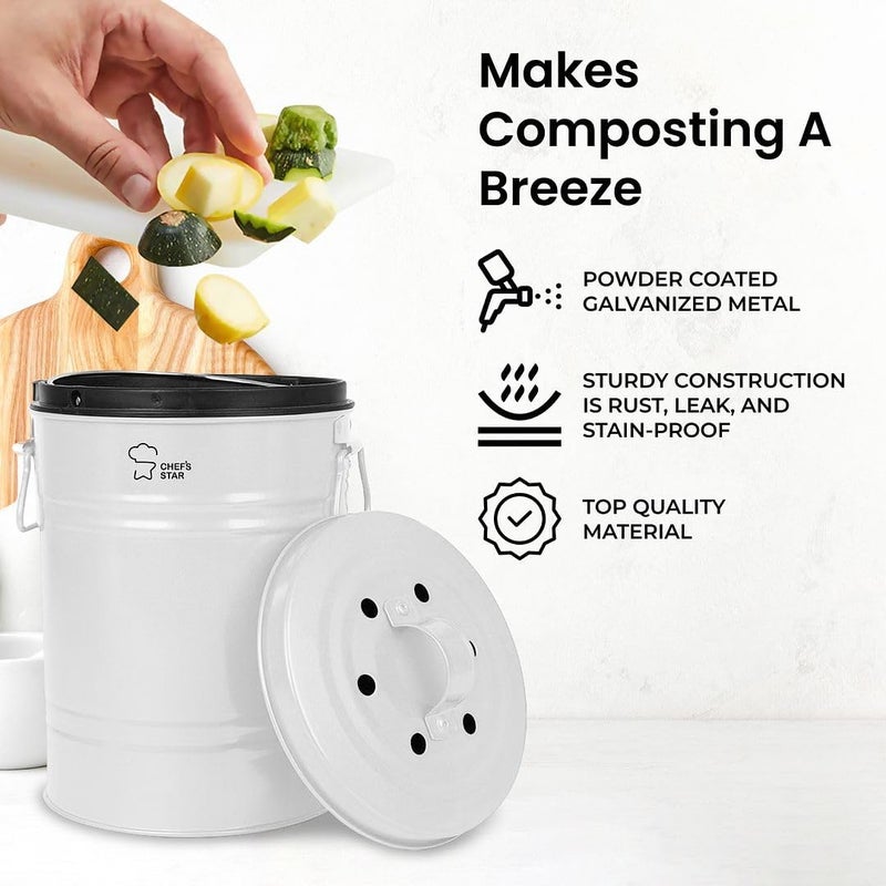 Chef's Star Countertop Compost Bin for Kitchen, Indoor Compost Bin for Kitchen Counter, Small Composter for Kitchen Counter, with Charcoal Filter, Airtight Lid, 0.7 Gallon Compost Pail, White - Image 5