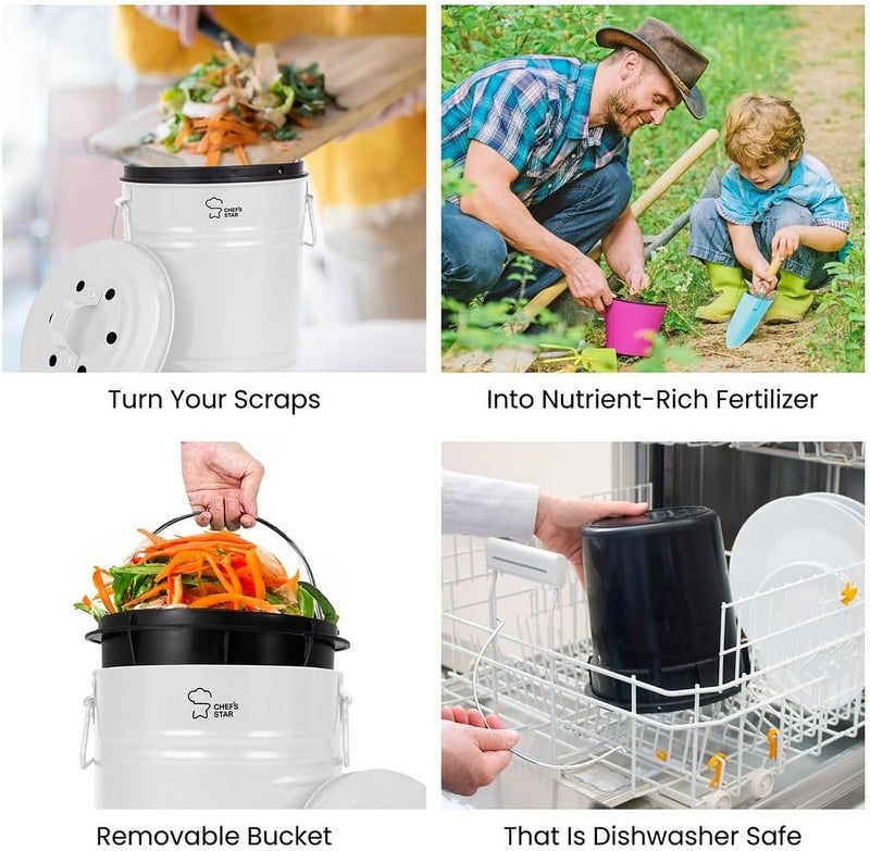Chef's Star Countertop Compost Bin for Kitchen, Indoor Compost Bin for Kitchen Counter, Small Composter for Kitchen Counter, with Charcoal Filter, Airtight Lid, 0.7 Gallon Compost Pail, White - Image 3