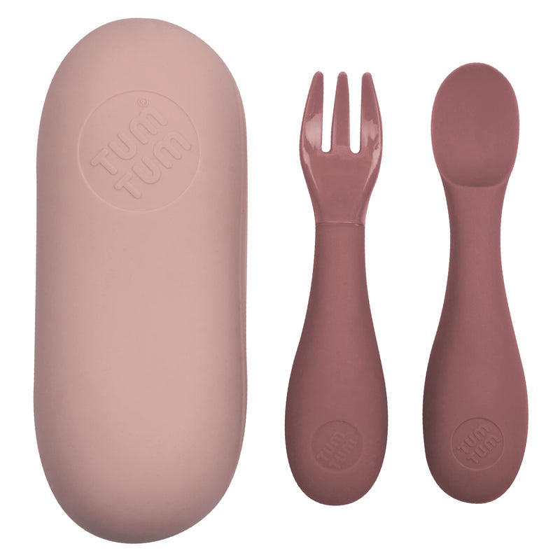 Tum Tum Baby Cutlery with Case - Baby Spoon & Fork Set, Self Feeding Cutlery, Silicone, 6+ Months, Pink - Image 1