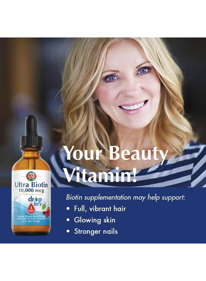 KAL Ultra Biotin 10000mcg DropIns, Liquid Biotin Drops, Hair Growth Supplement, High Potency Vitamin B7, Healthy Hair, Skin, Nails and Energy Support, Natural Mixed Berry Flavor, Approx. 59 Serv, 2oz - Image 3