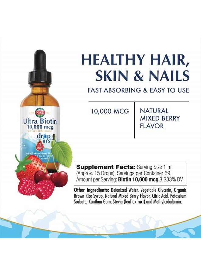KAL Ultra Biotin 10000mcg DropIns, Liquid Biotin Drops, Hair Growth Supplement, High Potency Vitamin B7, Healthy Hair, Skin, Nails and Energy Support, Natural Mixed Berry Flavor, Approx. 59 Serv, 2oz - Image 2