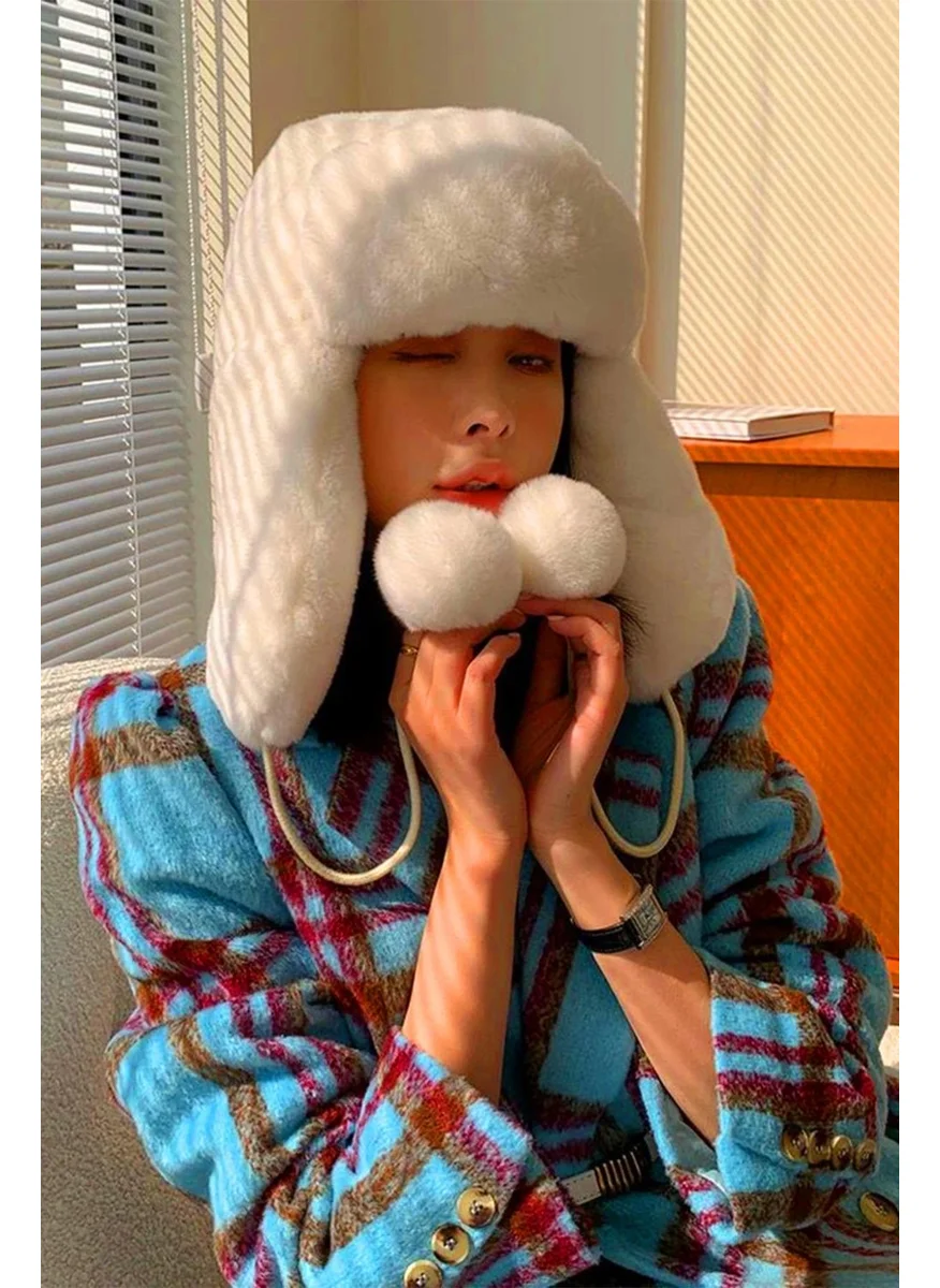 باهلس Plush Eared Pompom Beanie Pilot Hat