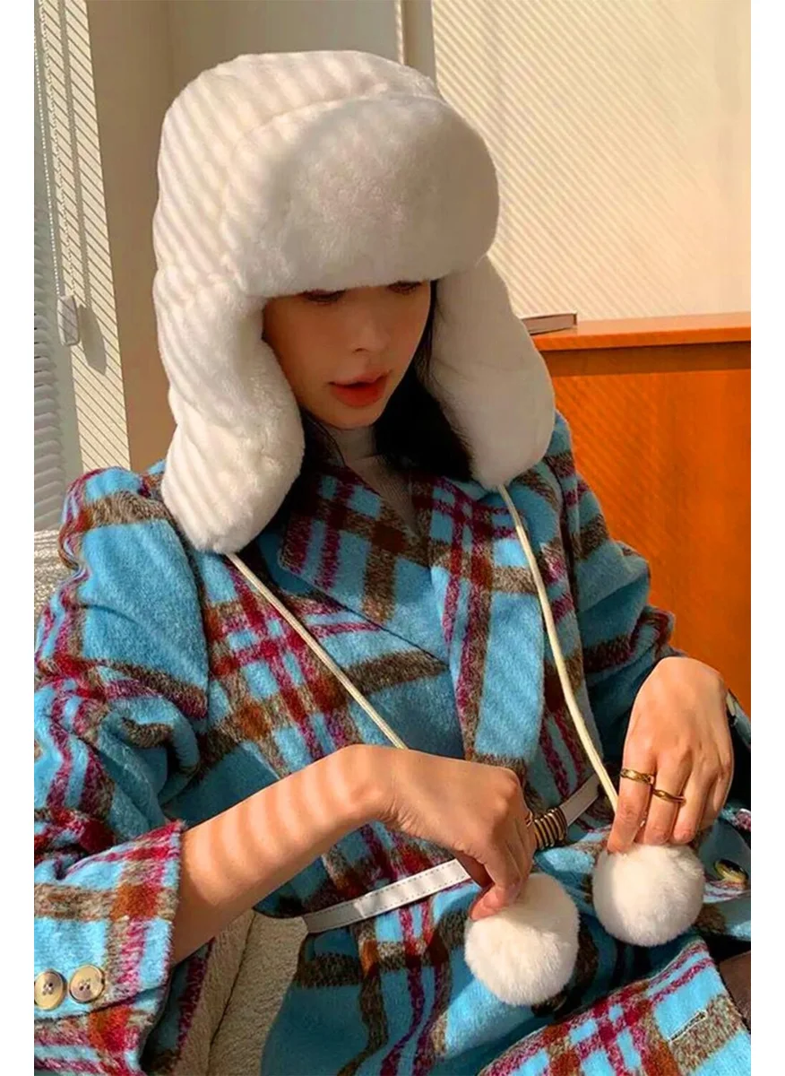 باهلس Plush Eared Pompom Beanie Pilot Hat