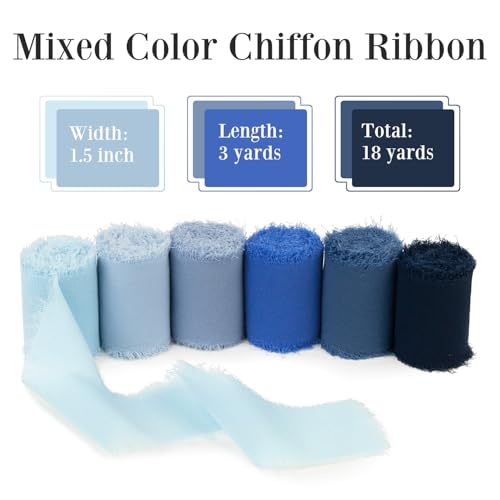 Mlurcu Handmade Fringe Chiffon Silk Ribbon - 1.5 Inch x 3Yd, Multi-Blue (Baby, French, Dusty, Dark, Royal, Navy) for Wedding Invitation, Flower Bouquets, Gift Wrapping, Baby Shower - Image 2