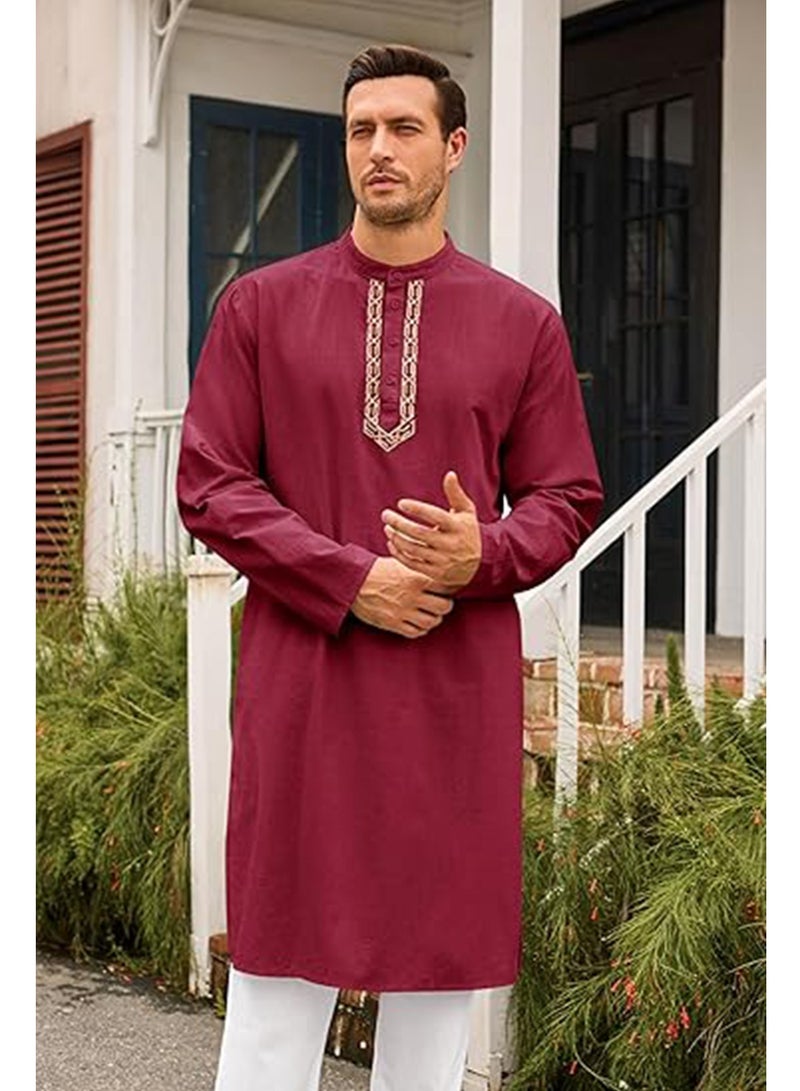 Mens Kaftan Thobe Button Down Casual Henley Shirts Long Sleeve Robe Cotton Linen Muslim Gown Shirt