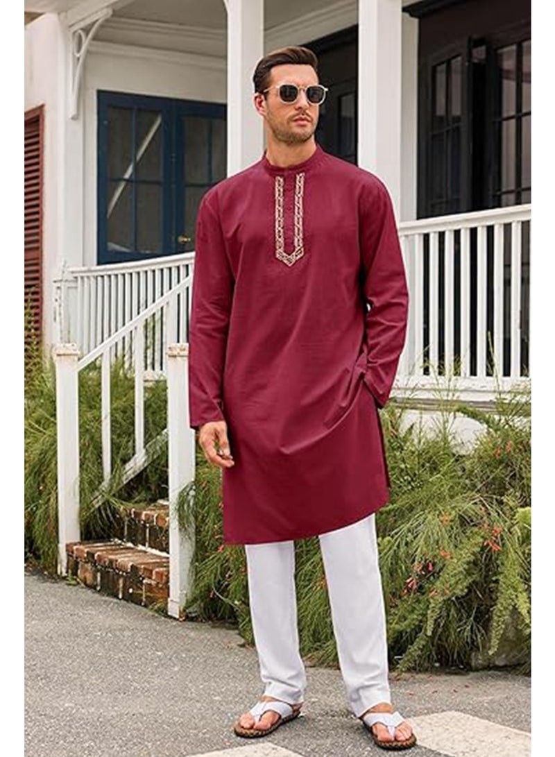 Mens Kaftan Thobe Button Down Casual Henley Shirts Long Sleeve Robe Cotton Linen Muslim Gown Shirt