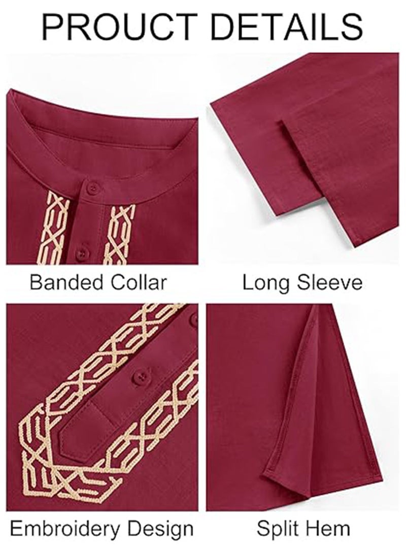 Mens Kaftan Thobe Button Down Casual Henley Shirts Long Sleeve Robe Cotton Linen Muslim Gown Shirt