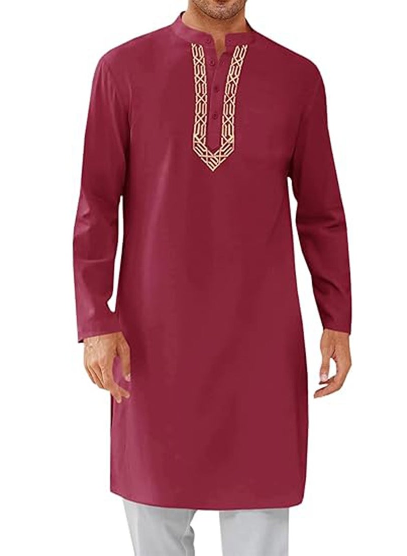 Mens Kaftan Thobe Button Down Casual Henley Shirts Long Sleeve Robe Cotton Linen Muslim Gown Shirt