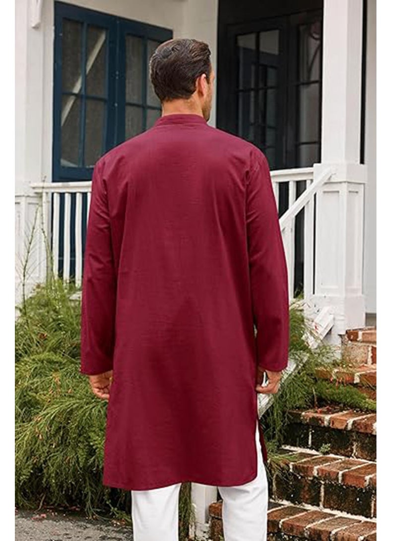 Mens Kaftan Thobe Button Down Casual Henley Shirts Long Sleeve Robe Cotton Linen Muslim Gown Shirt