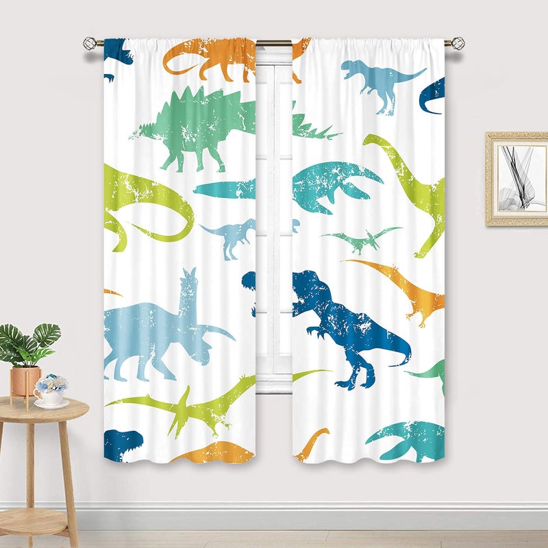 Cinbloo Kids Dinosaur Curtains 29W x 63L Inch Rod Pocket Cartoon Dino Baby Boy Bedroom Decor Cute Funny Safari Animal Children Toddler Printed Living Room Window Drapes Treatment Fabric 2 Panels Set - Image 1
