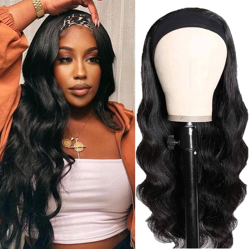Fylora Headband Wig Human Hair Body Wave 18 Inch Headband Wigs for Black Women Brazilian Virgin Hair Wear and Go Glueless Wig None Lace Front Wigs for Beginners 150% Density Natural Black Color - Image 1