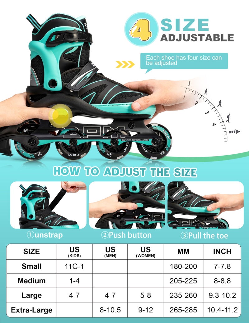 2PM SPORTS Kids Adjustable Inline Skates Ages 4-12, Youth Inlie Skates for Girls Boys 5-8 8-12 with Full Light Up Wheels, Beginner Women Men Adult Skates - Mint Medium - Image 4