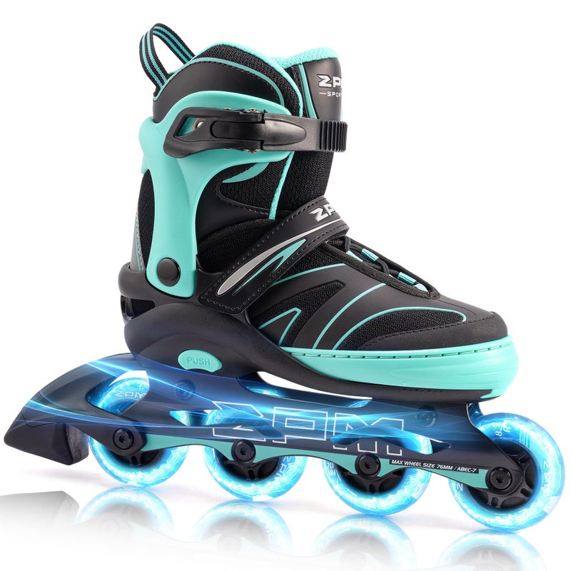 2PM SPORTS Kids Adjustable Inline Skates Ages 4-12, Youth Inlie Skates for Girls Boys 5-8 8-12 with Full Light Up Wheels, Beginner Women Men Adult Skates - Mint Medium - Image 1