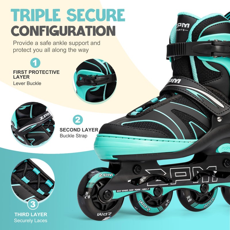 2PM SPORTS Kids Adjustable Inline Skates Ages 4-12, Youth Inlie Skates for Girls Boys 5-8 8-12 with Full Light Up Wheels, Beginner Women Men Adult Skates - Mint Medium - Image 2