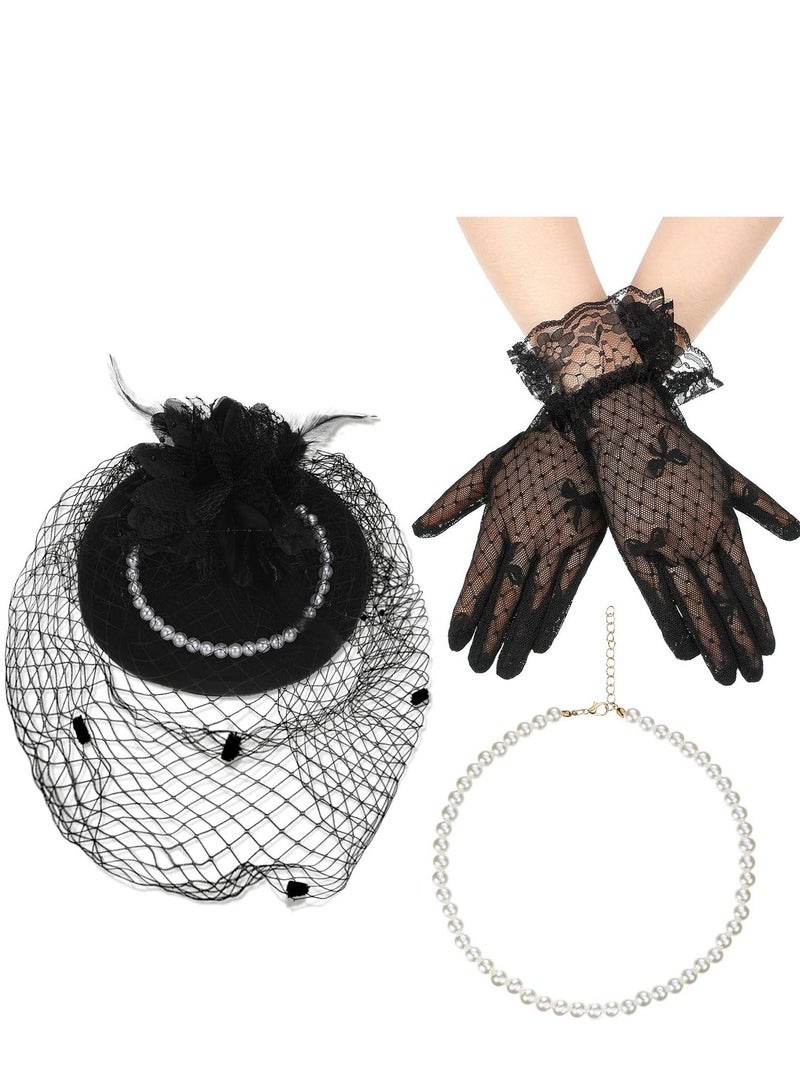 Fascinators Hat for Women Tea Party Headband with Short Lace Gloves Pearl Necklace Wedding - Image 1