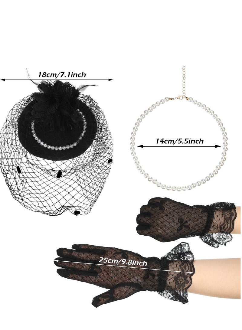 Fascinators Hat for Women Tea Party Headband with Short Lace Gloves Pearl Necklace Wedding - Image 3