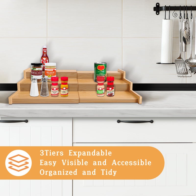 VenDotbi Spice Rack, 3-Tier Expandable Bamboo Spice Rack Organizer for Cabinet - Kitchen, Pantry and Cupboard Storage Organizer - Image 3