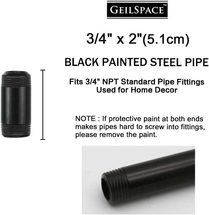 GeilSpace 6 Pack 3/4" × 2" Pre-Cut Black Metal Pipe, Industrial Steel Fits Standard Three Quarters Inch Black Threaded Pipes and Fittings - Vintage DIY Industrial Shelving (3/4" × 2") - Image 2