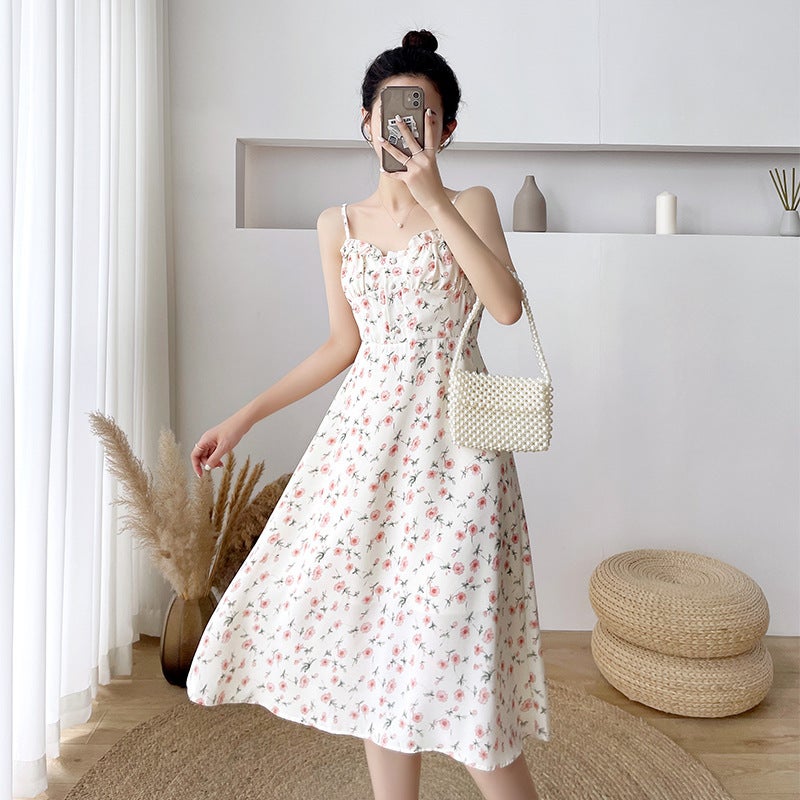 2023 New Spring and Summer French First Love Petite Suspender Long Skirt Floral Dress Womens Sweet Little Skirt Suit White cardigan - Image 2