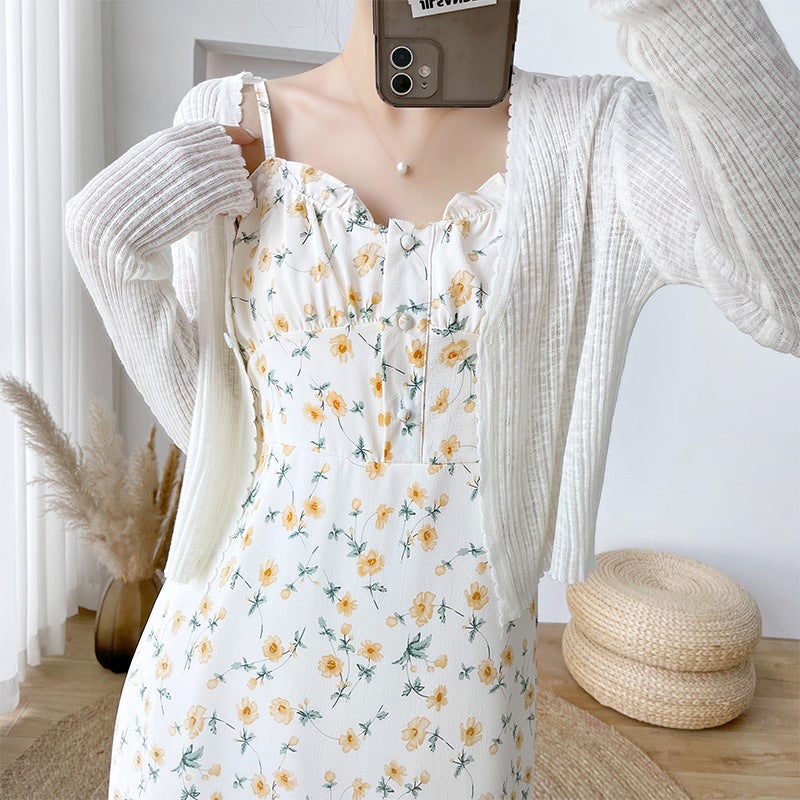 2023 New Spring and Summer French First Love Petite Suspender Long Skirt Floral Dress Womens Sweet Little Skirt Suit White cardigan - Image 1