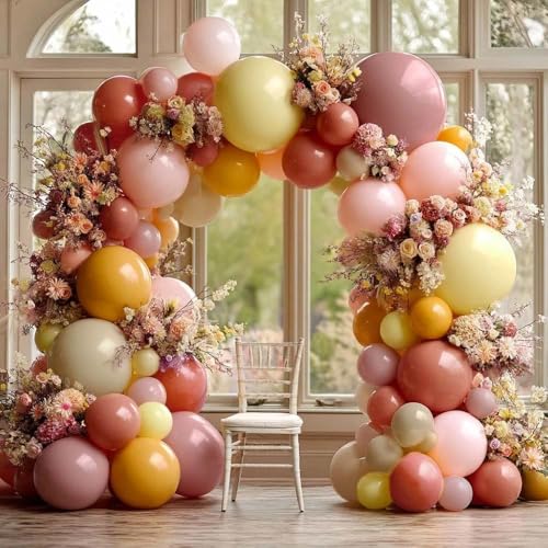 Partycus Dusty Pink Yellow Balloon Arch Kit Double Stuffed Mauve Pink Mustard Light Yellow White Sand Balloon Garland for Baby Shower Birthday Bee Groovy Boho Rainbow Sunshine Party Decoration - Image 1