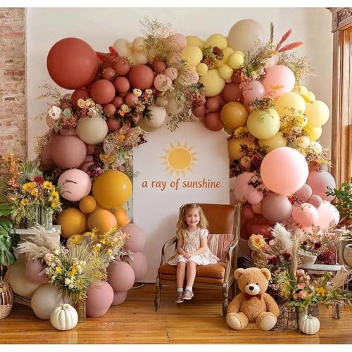 Partycus Dusty Pink Yellow Balloon Arch Kit Double Stuffed Mauve Pink Mustard Light Yellow White Sand Balloon Garland for Baby Shower Birthday Bee Groovy Boho Rainbow Sunshine Party Decoration - Image 5