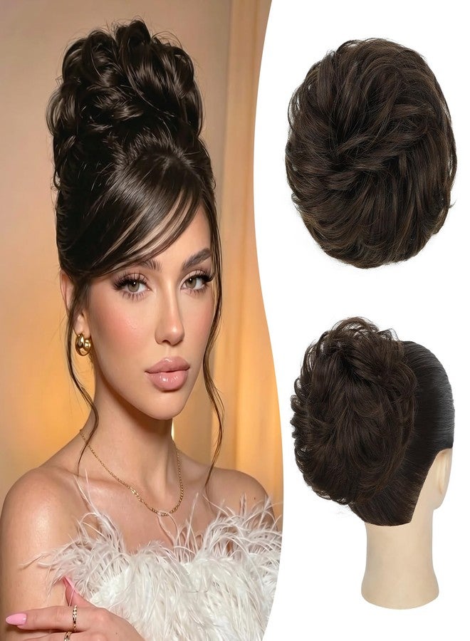 PINK SEVEN Messy Bun Hair Piece Human Hair, Hair Buns Hair Piece for Women,Tousled Curly Fake Buns Scrunchie Updos buns for Wedding Style,Real Human Hair Chignons Buns (Dark Brown) - Image 1