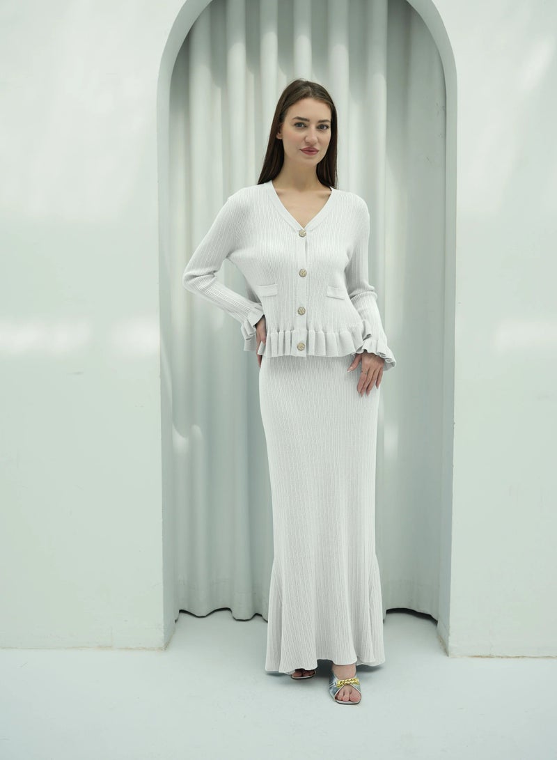 Andy 2332 | Elegant Ribbed Cotton Knit Two-Piece Set with Button-Front Peplum Top and Flared Maxi Skirt | White