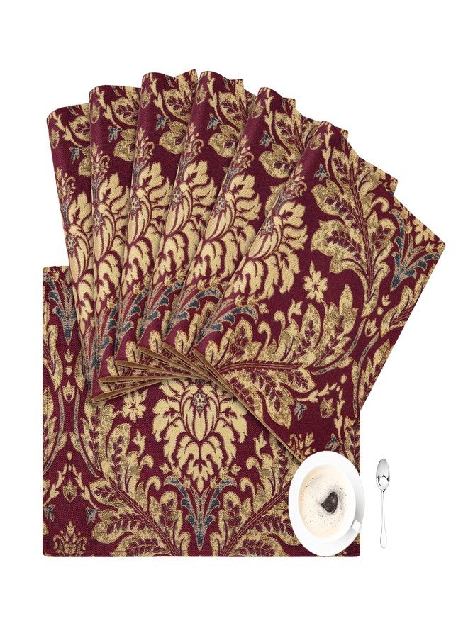 Loom and Mill مجموعة مفارش طاولة فاخرة من الجاكار من لوم آند ميل، 6 قطع، مفارش طاولة دمشقية حمراء بورغندية مانعة للانزلاق لتزيين حفلات المطبخ في أعياد الميلاد، مفارش طاولة طعام متينة وقابلة للغسل (أحمر بورغندي، 12 × 18 بوصة) - Image 1